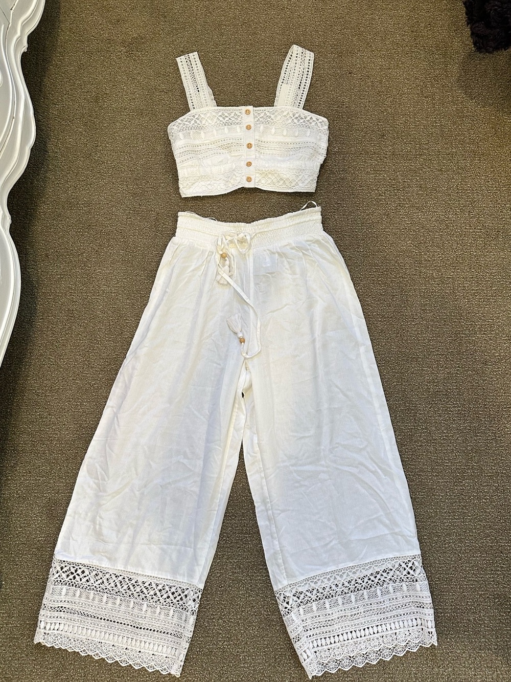 White Crochet Matching Top & Wide Leg Crochet Hem Pants Set